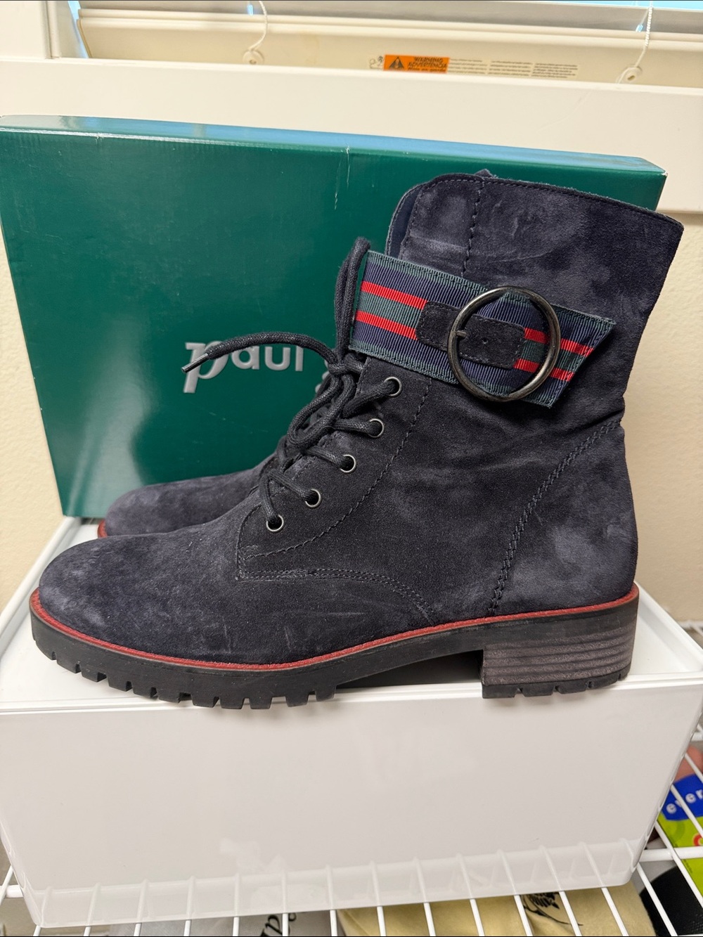 Paul Green Women's Blue Suede Lace-Up Ankle Boots with Red Trim, Sz 10 UK 7.5